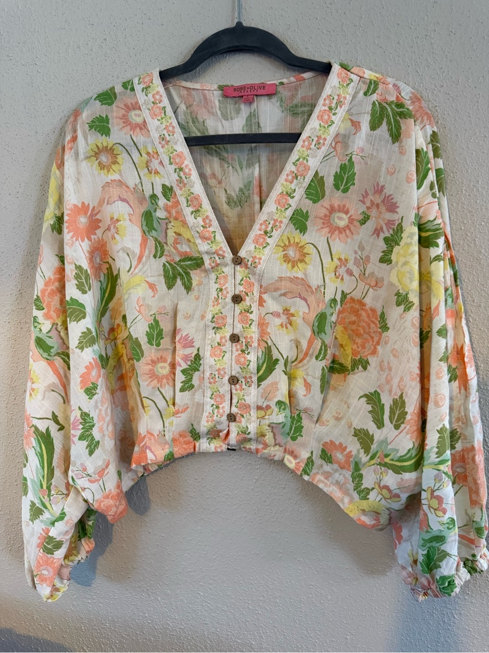 Rose & Olive Peach and Green Floral V-Neck Peasant Blouse